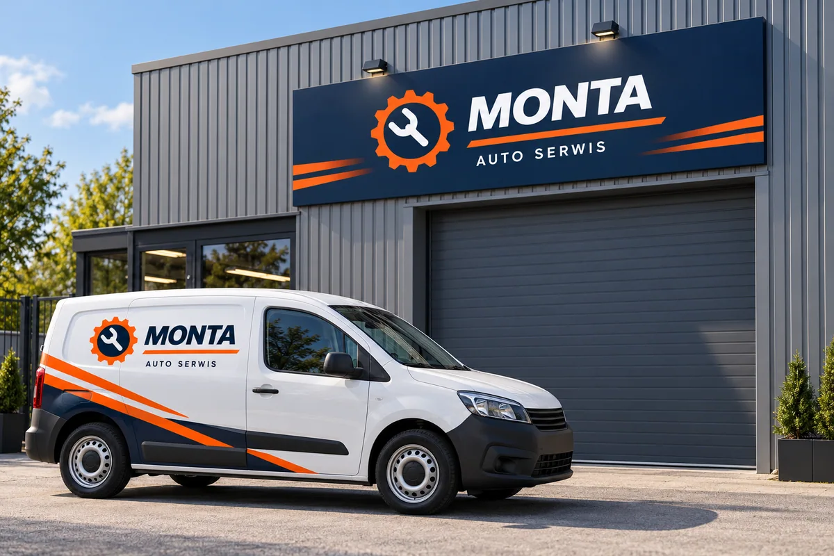 MONTA-Visualisierung: Werkstattschild und beschriftetes Fahrzeug in Dunkelblau, Orange und Weiss