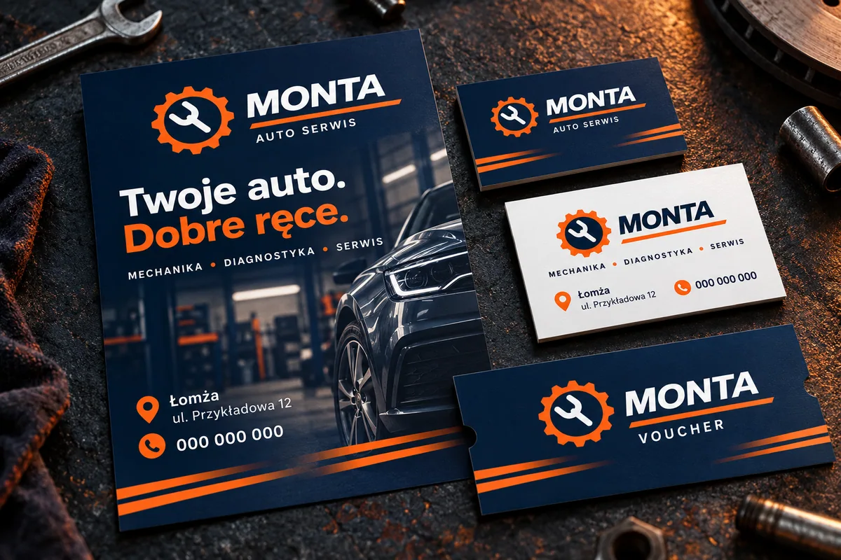 Materialien der Beispielmarke MONTA: Visitenkarten, Flyer und Gutschein mit Beispieldaten in Łomża