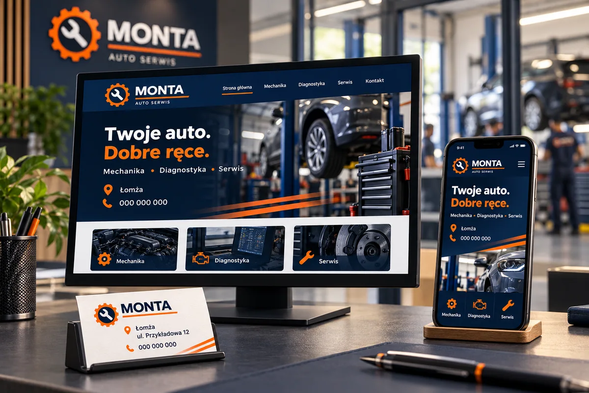MONTA concept project: desktop and mobile garage website with coordinated brand materials