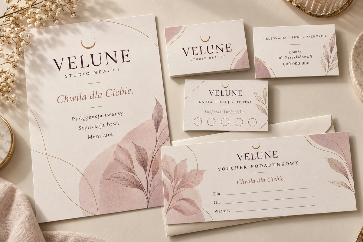 VELUNE Studio Beauty sample project: business cards, leaflet, voucher and loyalty card in plum, powder pink and ecru